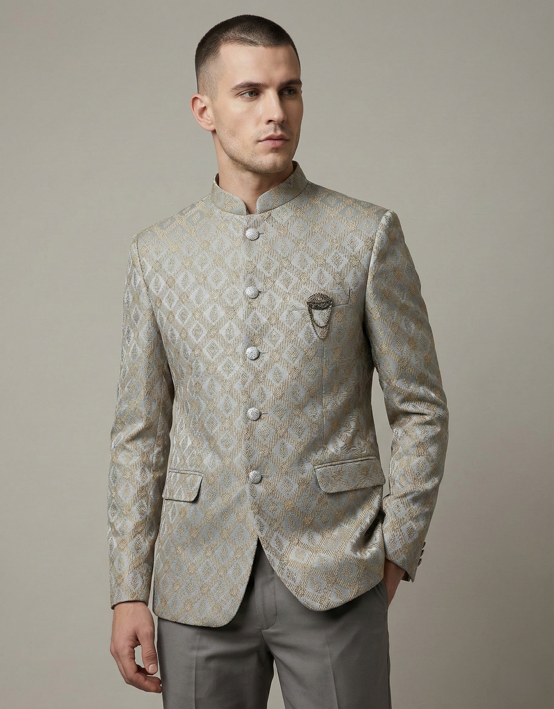 Light Grey Jacquard Jodhpuri Suit