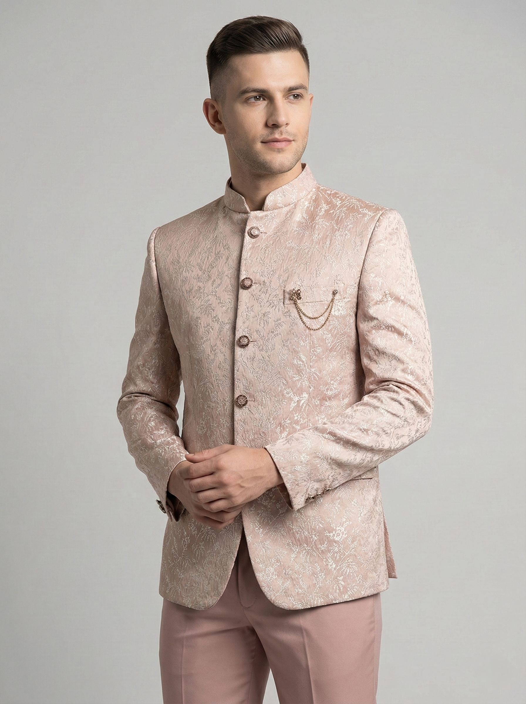 Peach Jacquard Jodhpuri Suit