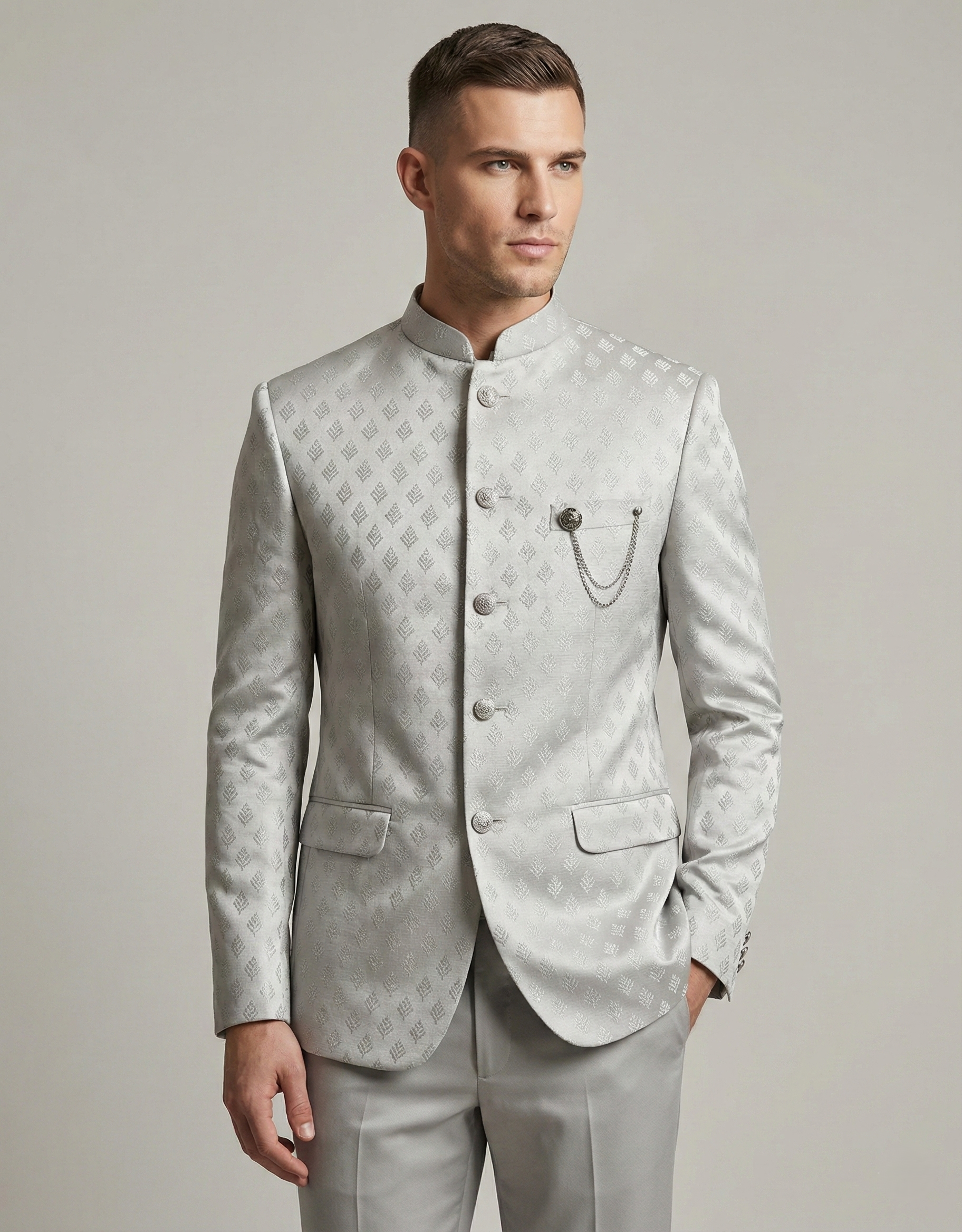 Silver Jacquard Jodhpuri Suit