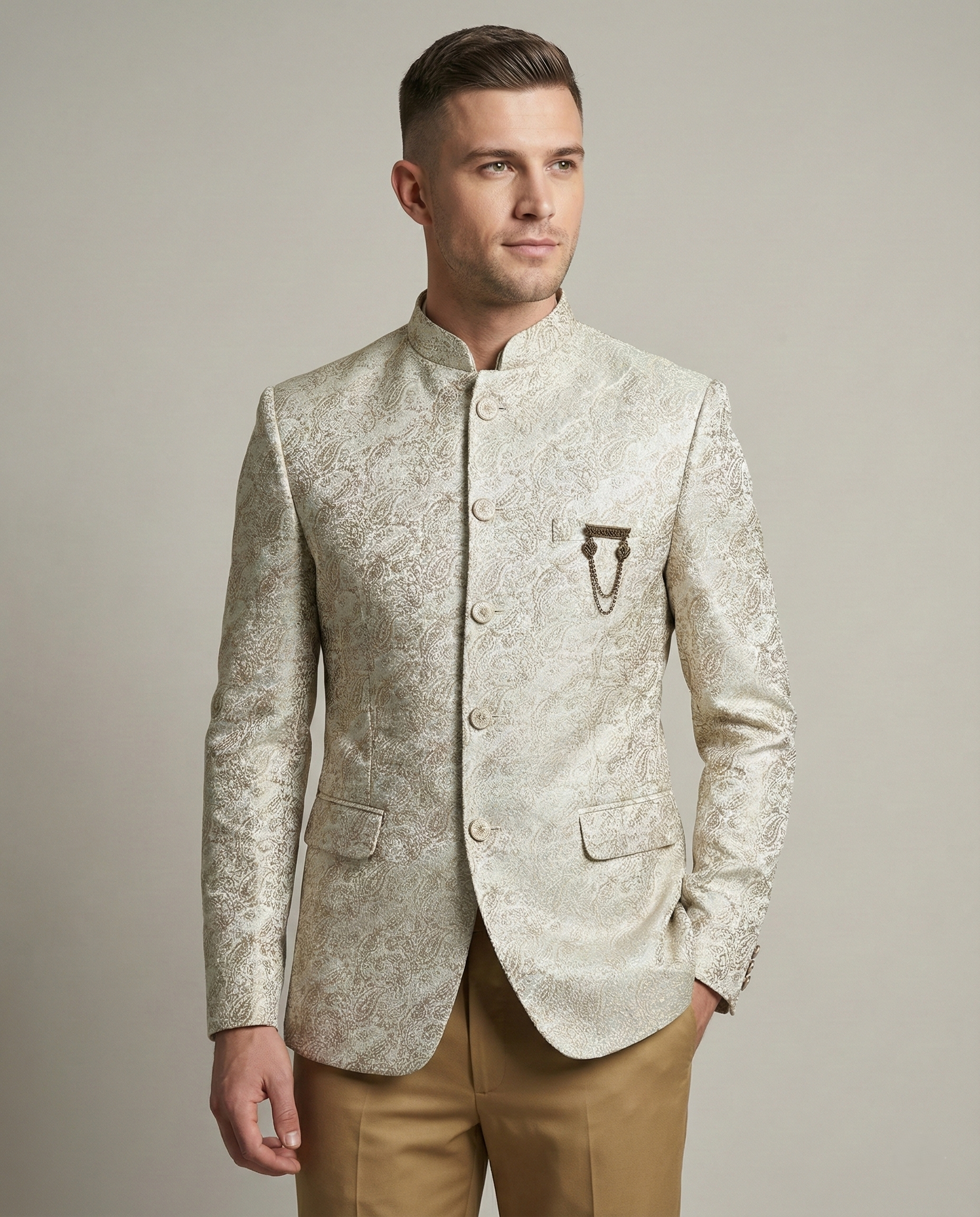 Beige Jacquard Jodhpuri Suit