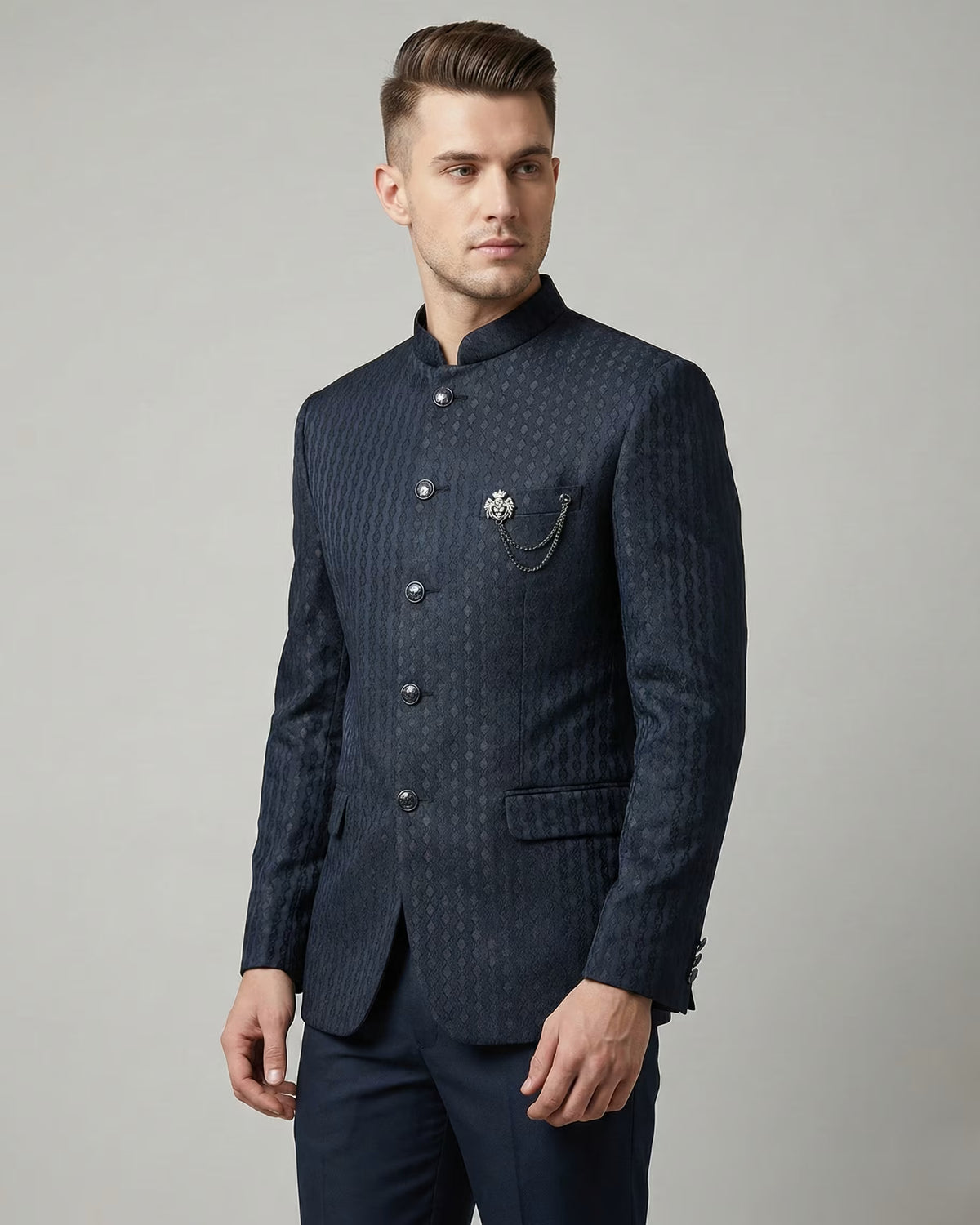 Navy Blue Jacquard Jodhpuri Suit
