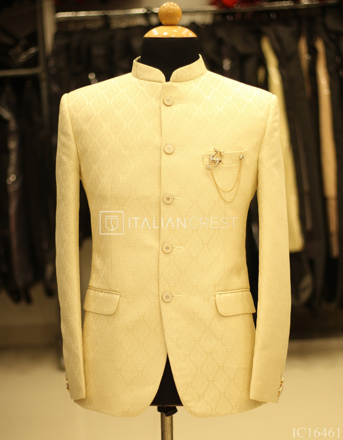 Beige Jacquard Jodhpuri Suit