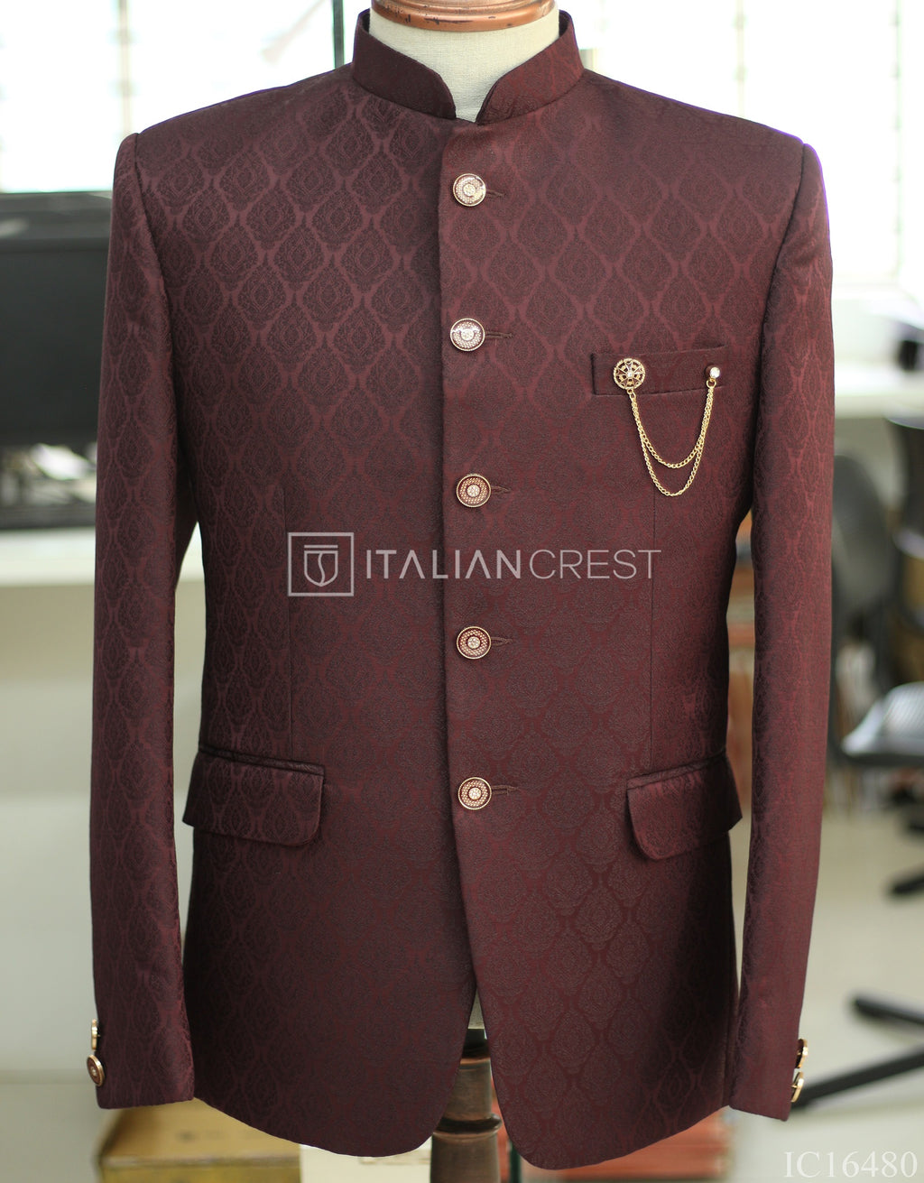 Maroon Jacquard Jodhpuri Suit