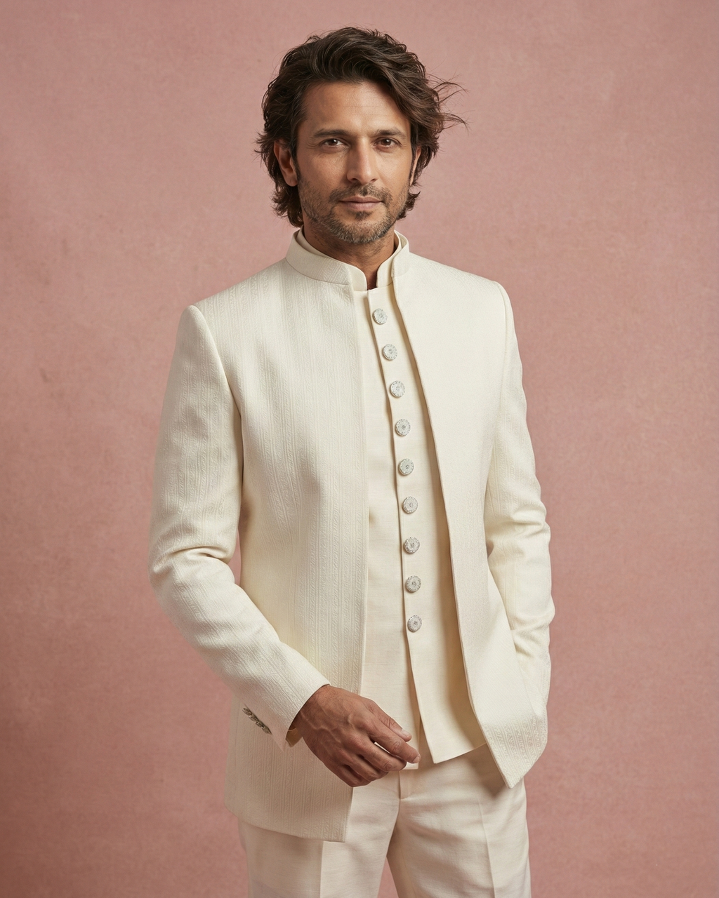 Cream Jacquard Jodhpuri Suit