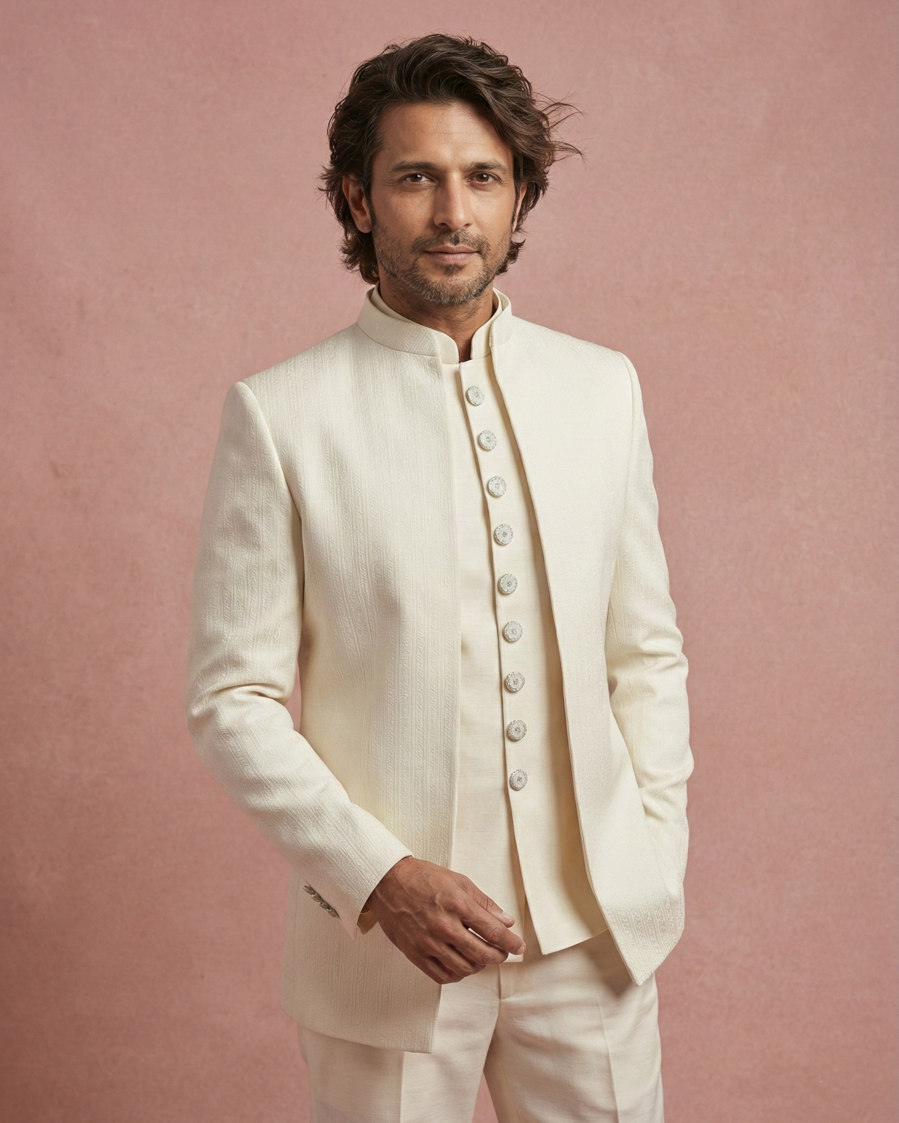 Cream Jacquard Jodhpuri Suit