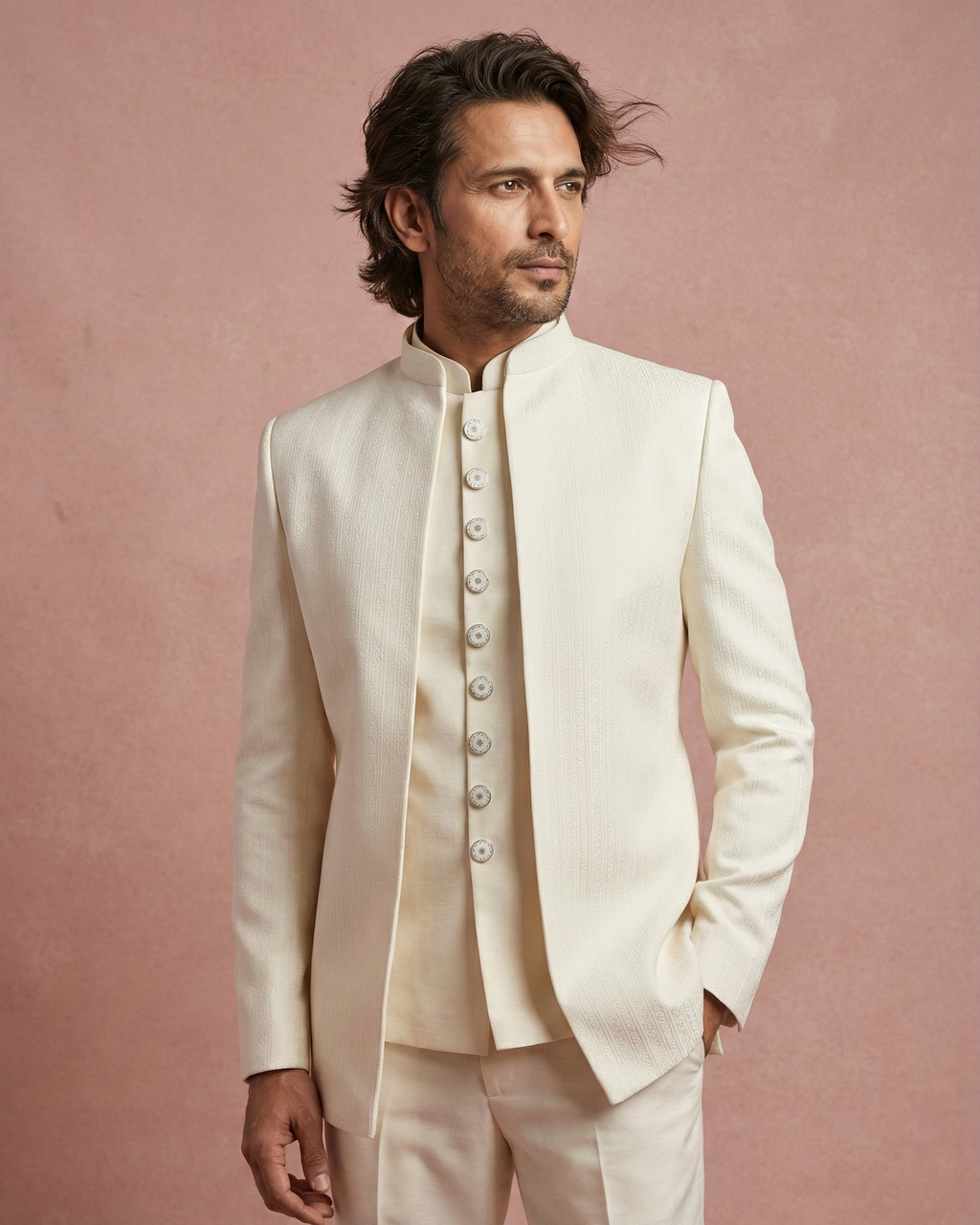 Cream Jacquard Jodhpuri Suit