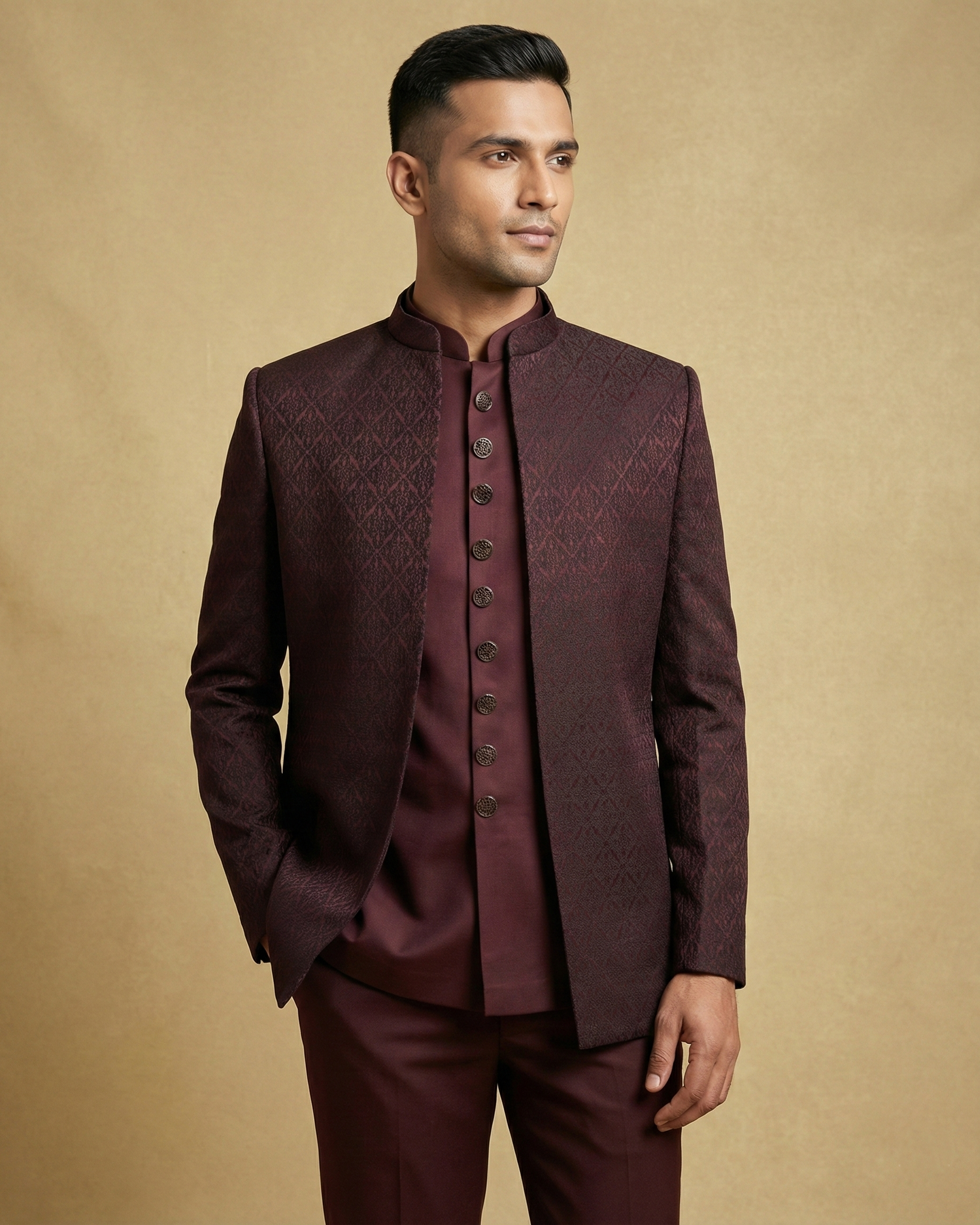 Maroon Jacquard Jodhpuri Suit