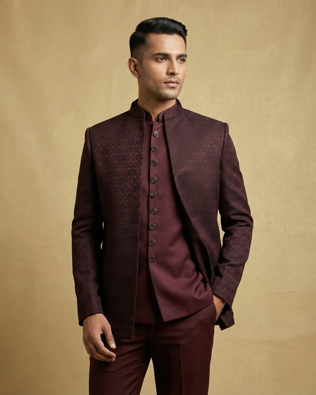 Maroon Jacquard Jodhpuri Suit