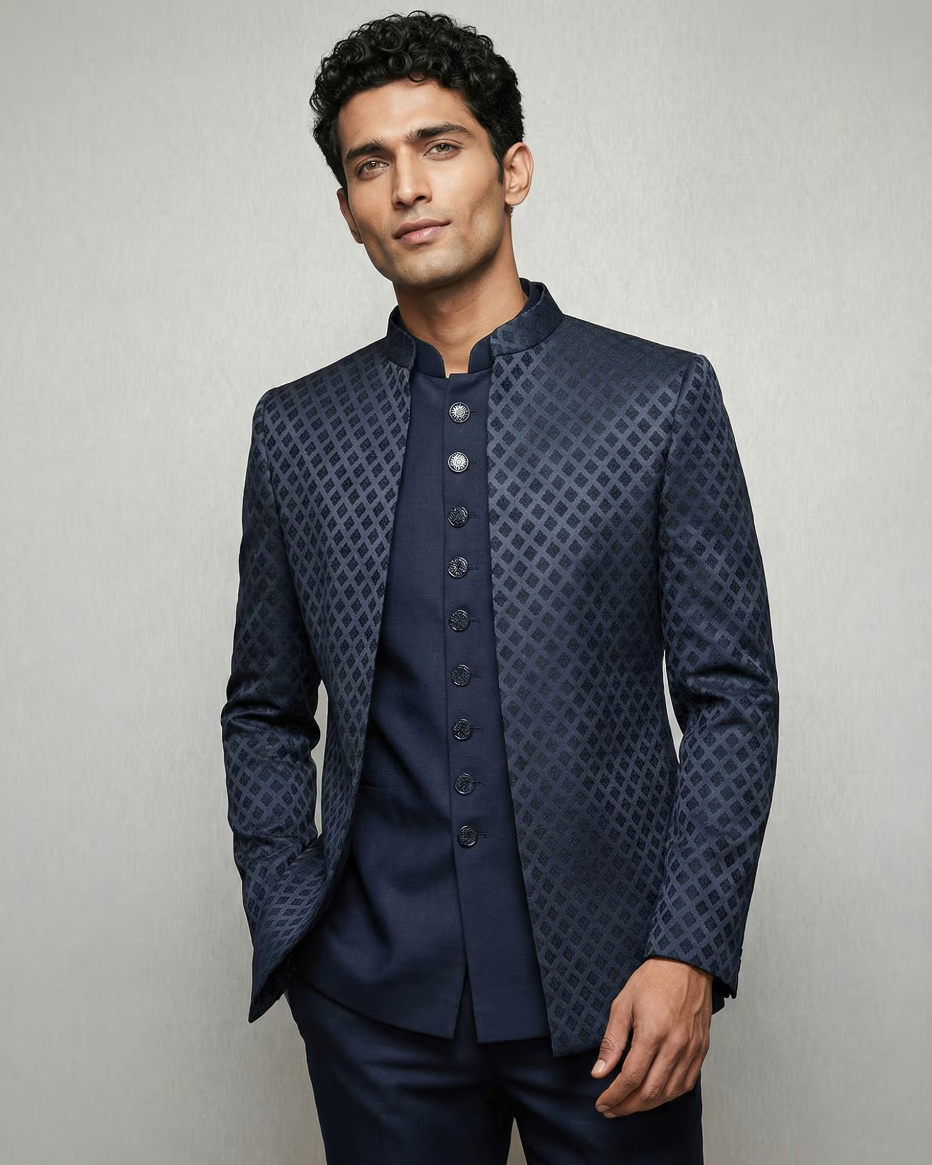 Blue Jacquard Jodhpuri Suit