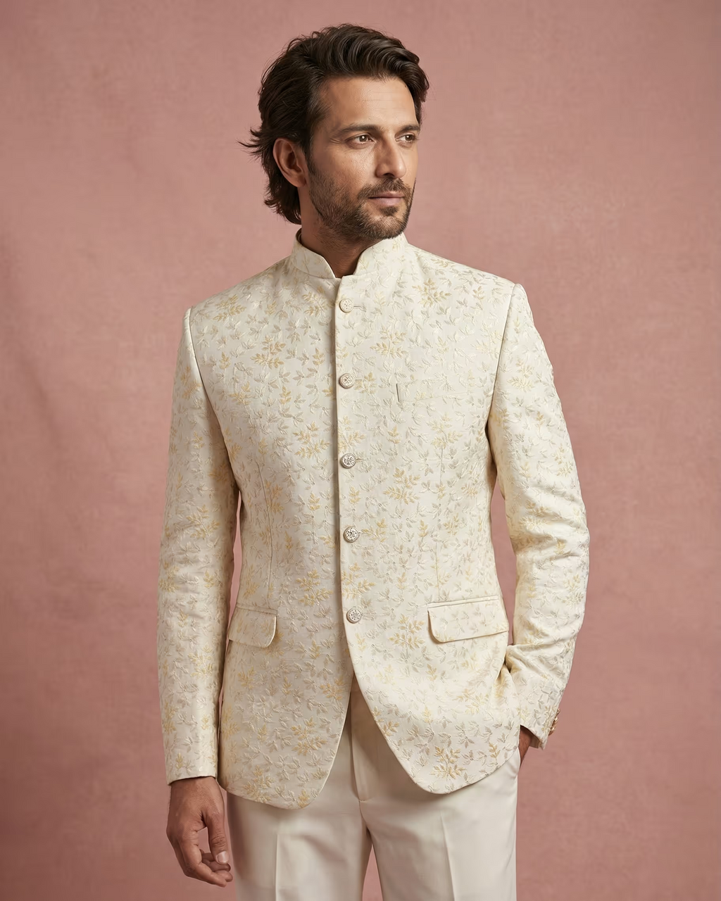 Cream Embroidery Work Jodhpuri Suit