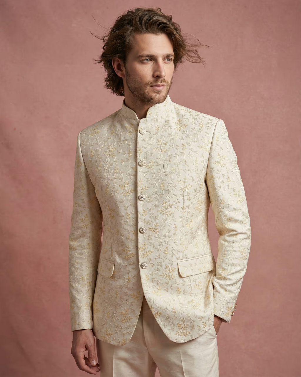 Cream Embroidery Work Jodhpuri Suit