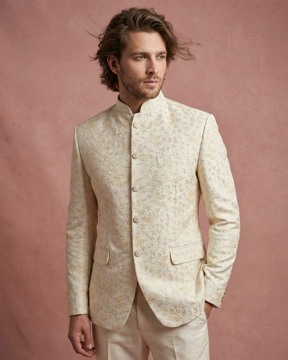 Cream Embroidery Work Jodhpuri Suit