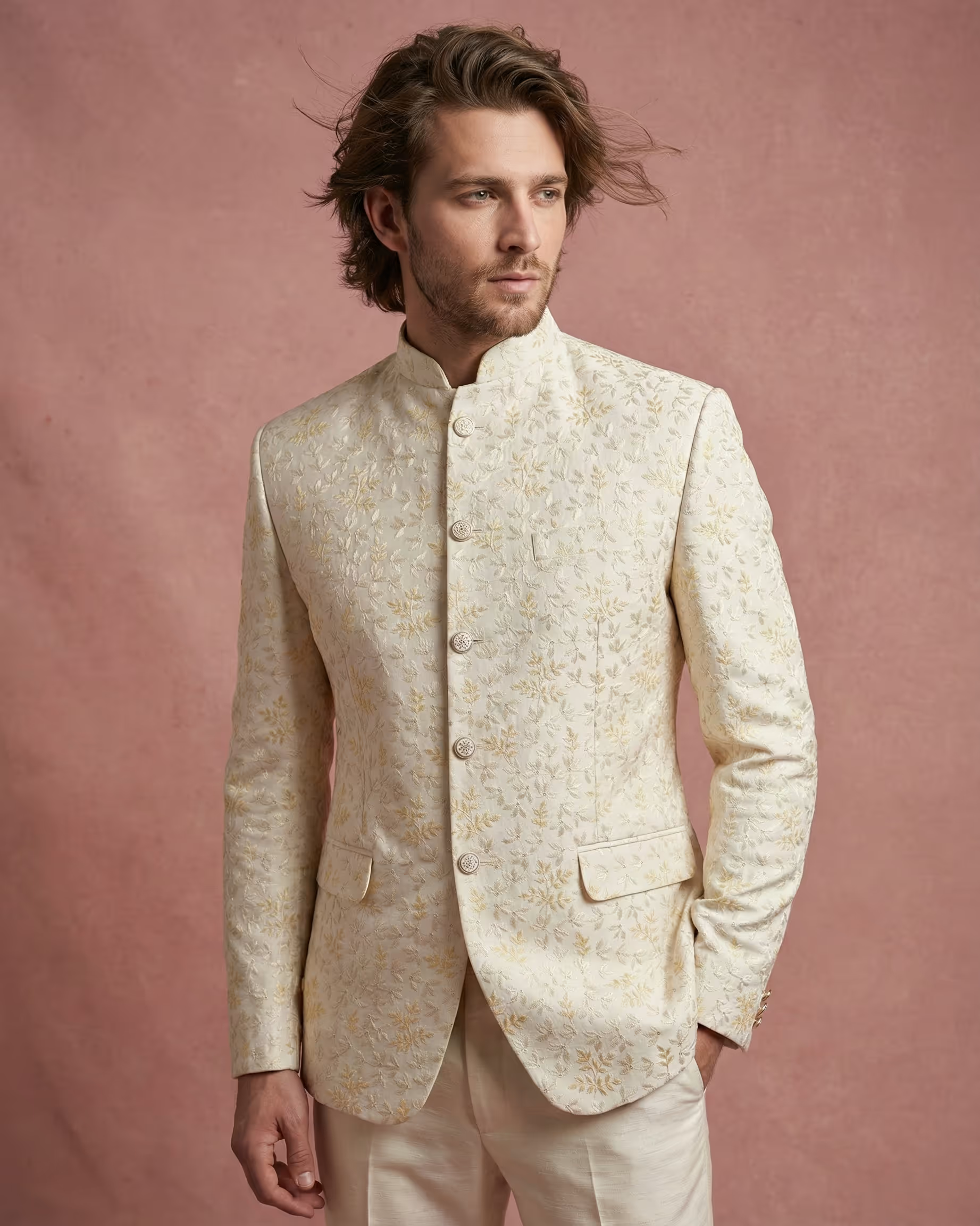 Cream Embroidery Work Jodhpuri Suit