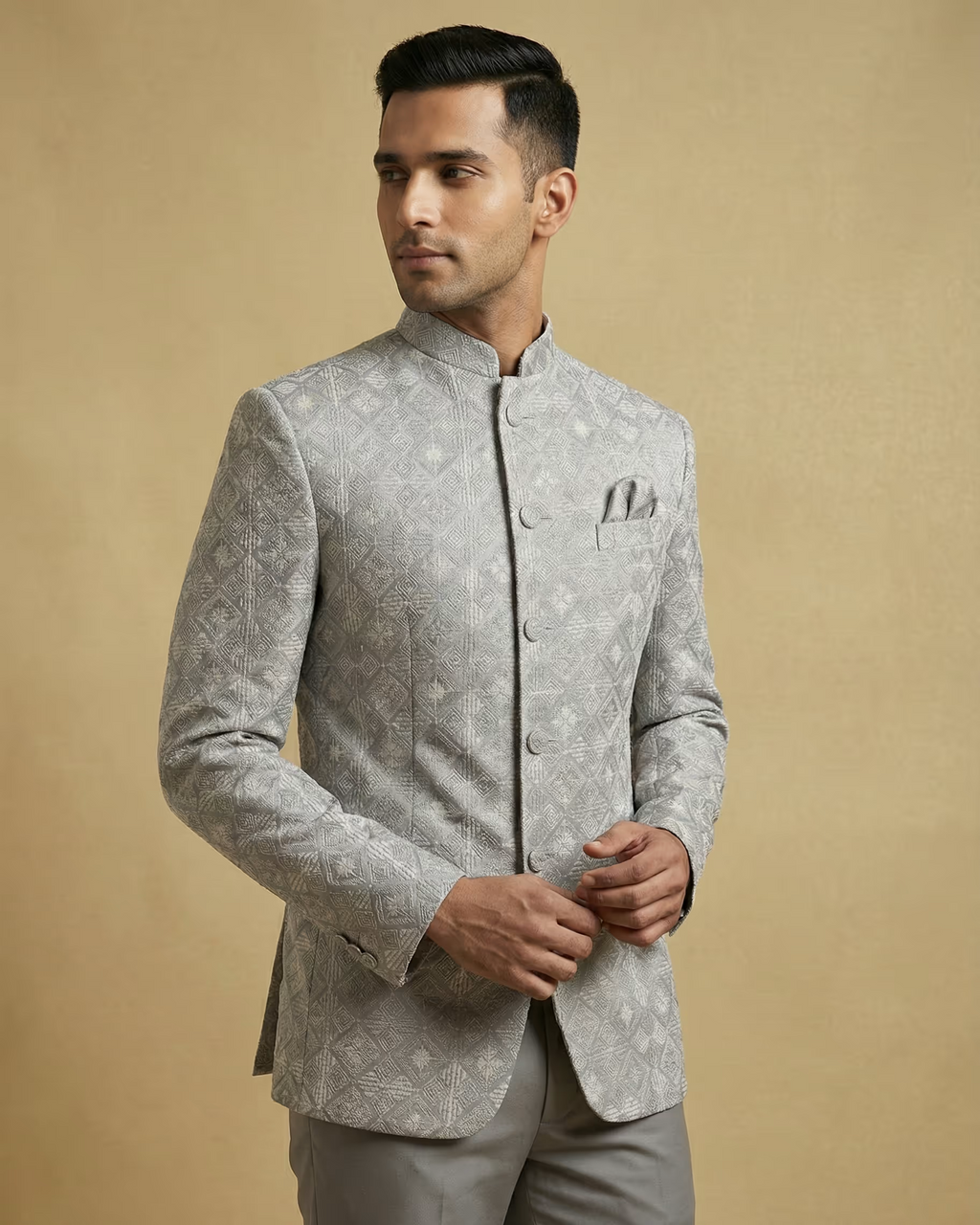 Light Grey Embroidery Work Jodhpuri Suit
