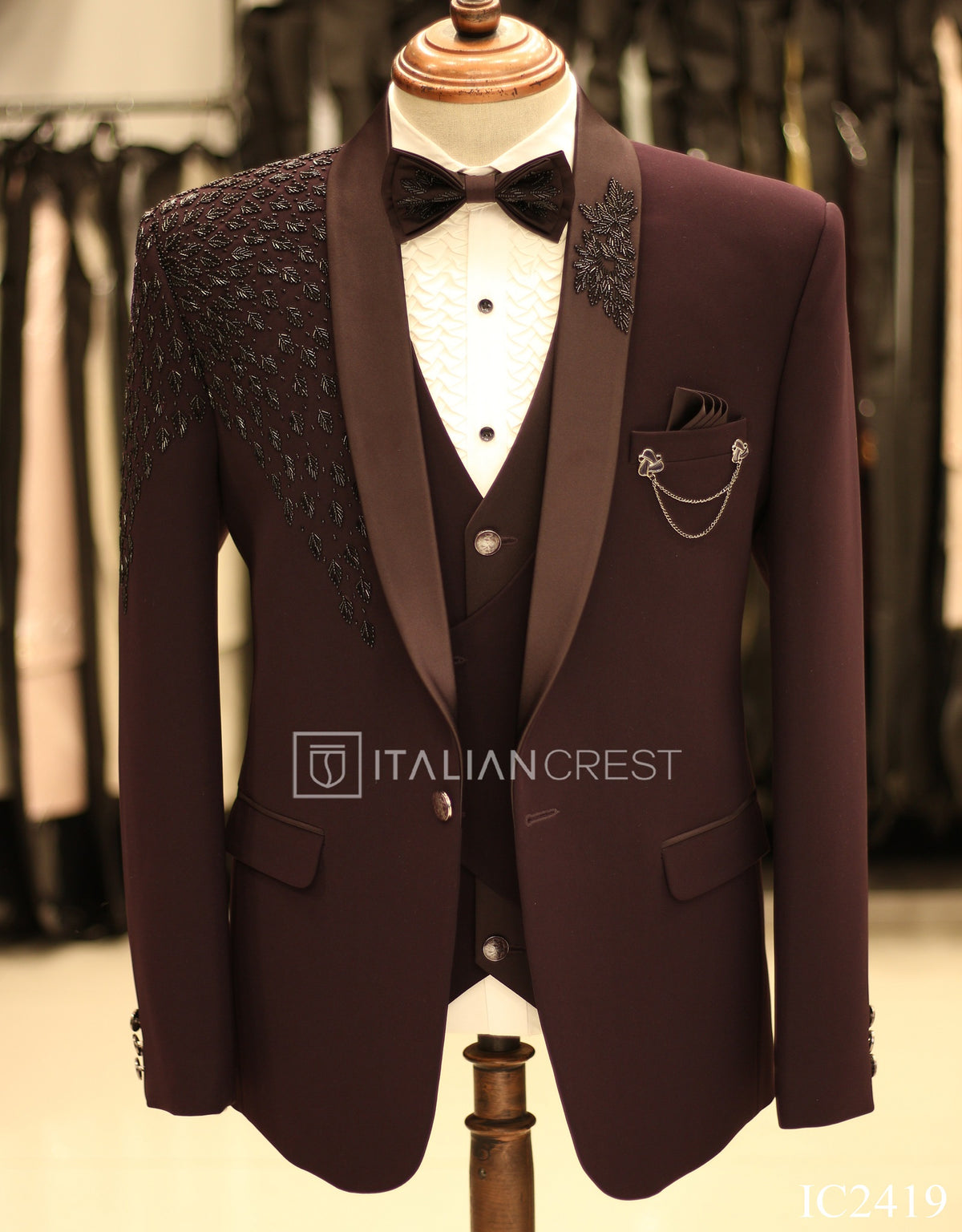 Wine Purple Embroidery Work 5pc Wedding Suit