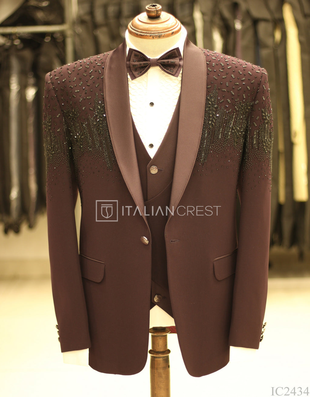 Wine Embroidery Work 5pc Wedding Suit