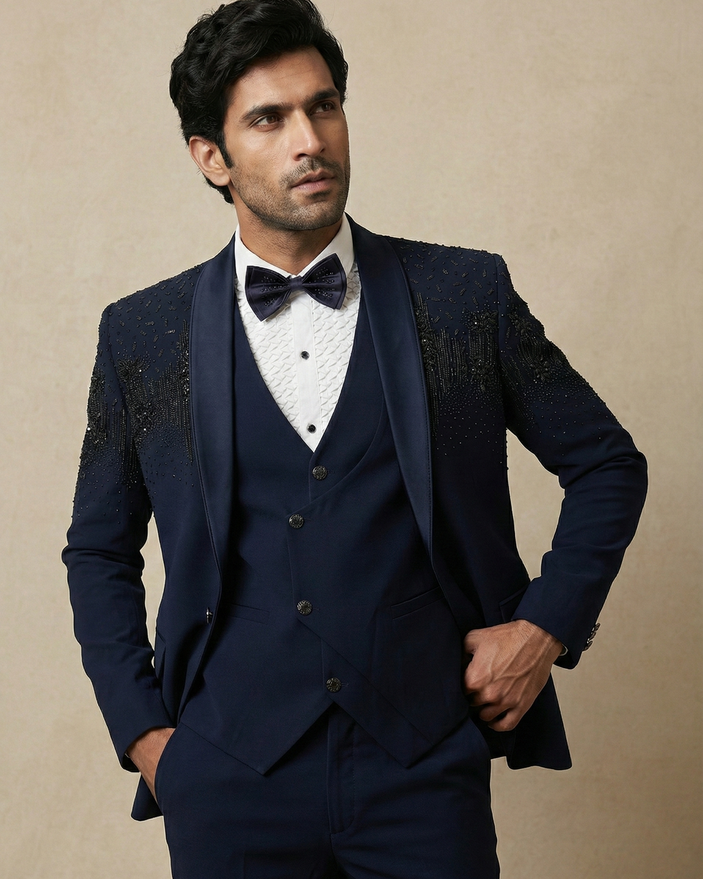 Navy Blue Embroidery Work 5pc Wedding Suit