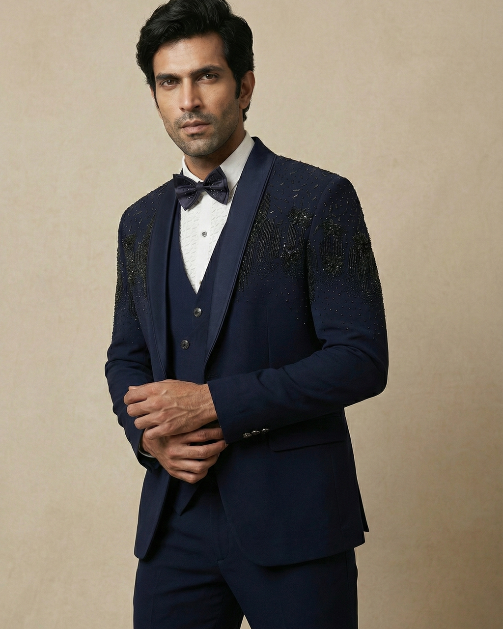 Navy Blue Embroidery Work 5pc Wedding Suit