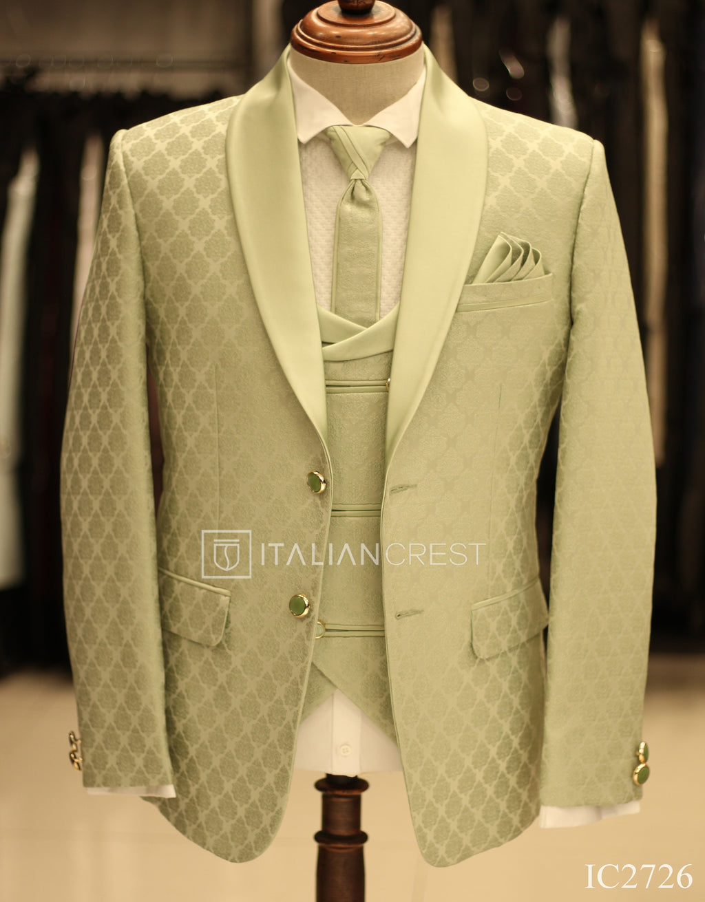 Light Green Jacquard 5pc Wedding Suit