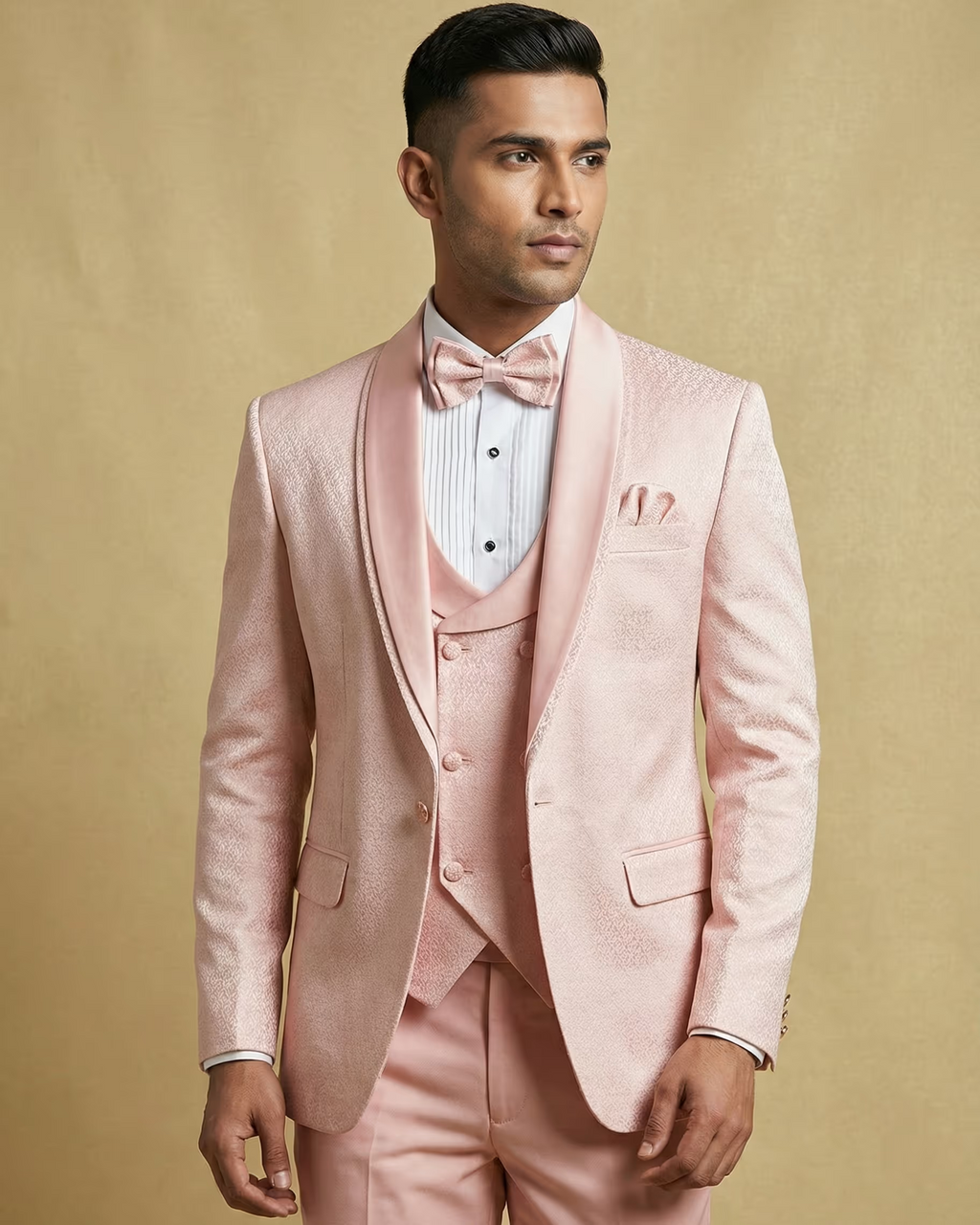 Peach Jacquard 5pc Wedding Suit