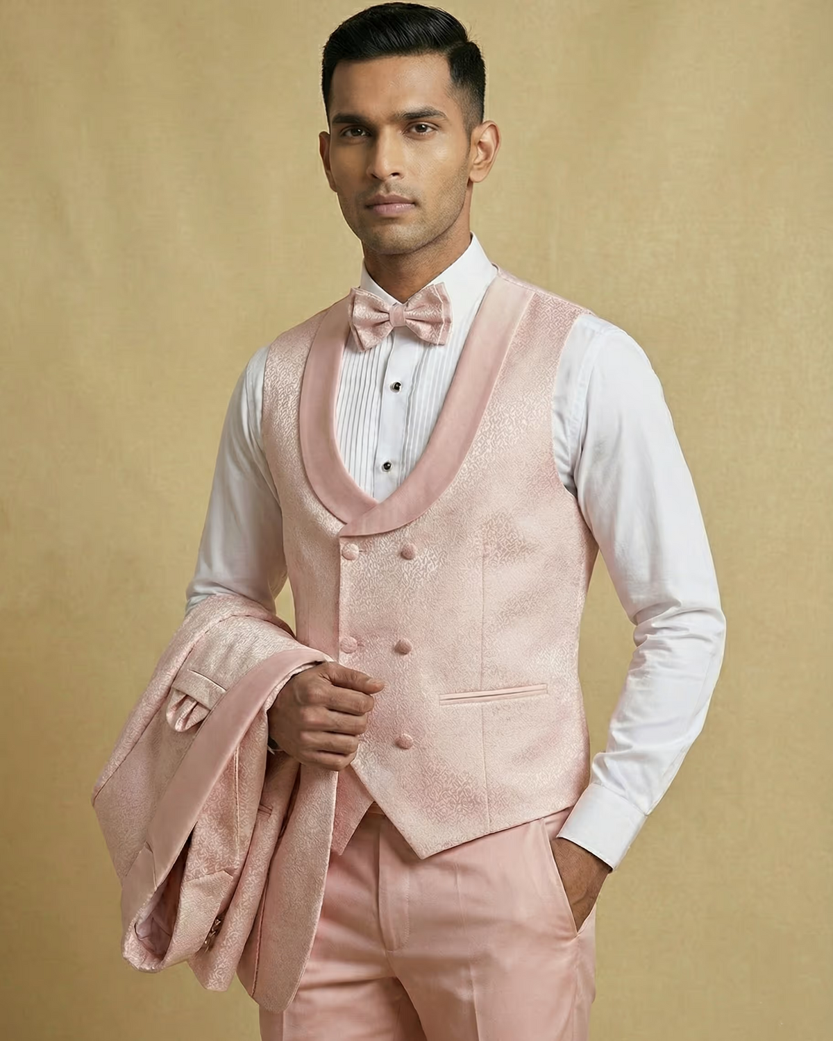 Peach Jacquard 5pc Wedding Suit
