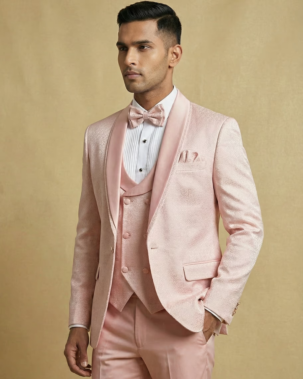 Peach Jacquard 5pc Wedding Suit