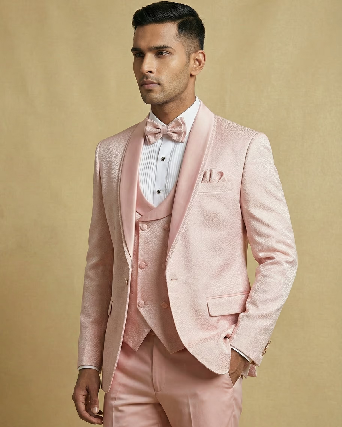 Peach Jacquard 5pc Wedding Suit
