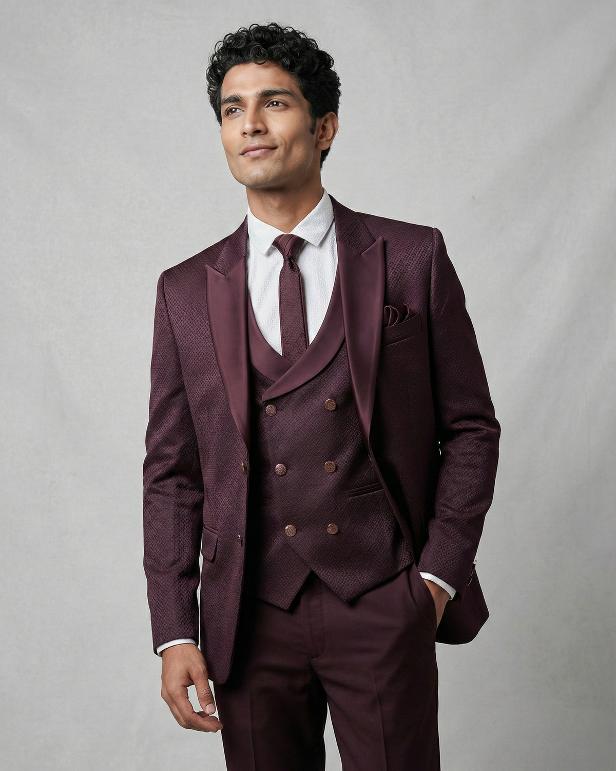 Wine Jacquard 5pc Wedding Suit