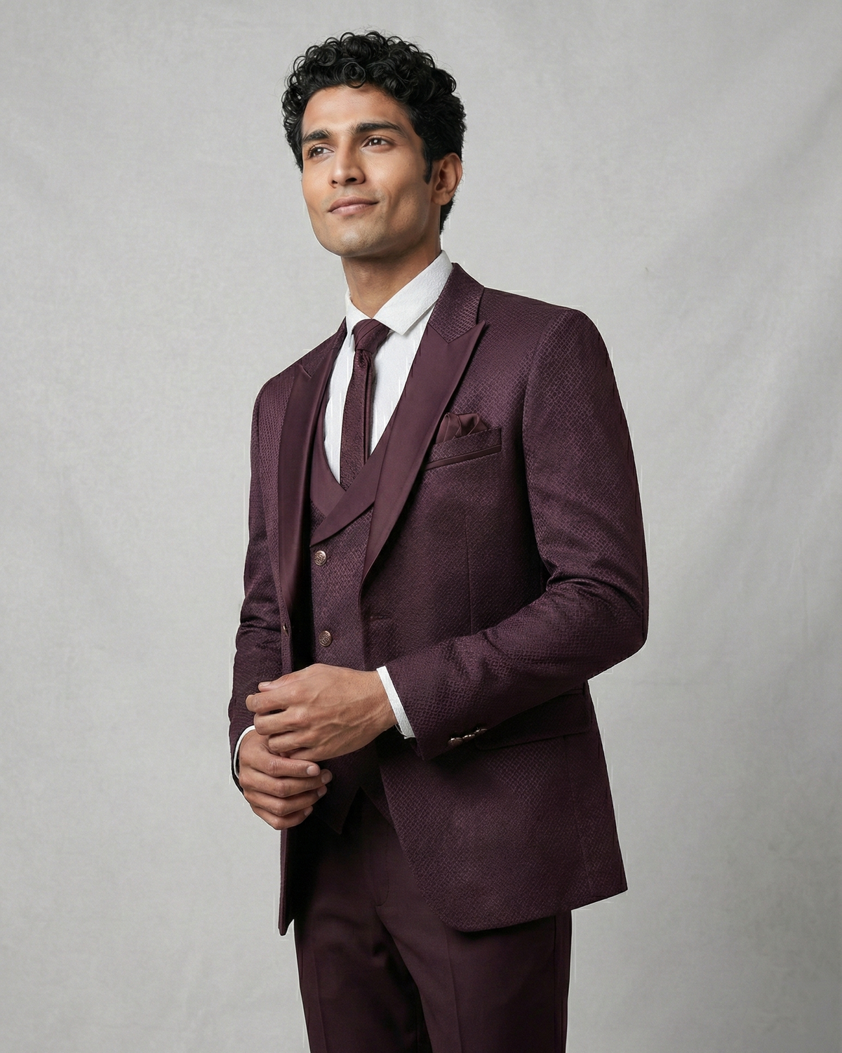 Wine Jacquard 5pc Wedding Suit