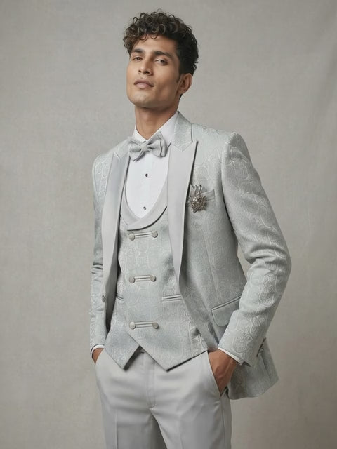 Silver Jacquard 5pc Wedding Suit