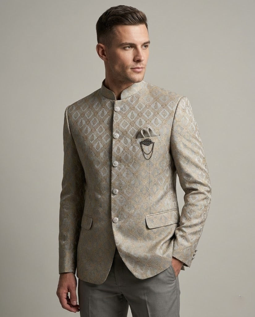 Light Grey Jacquard Jodhpuri Suit